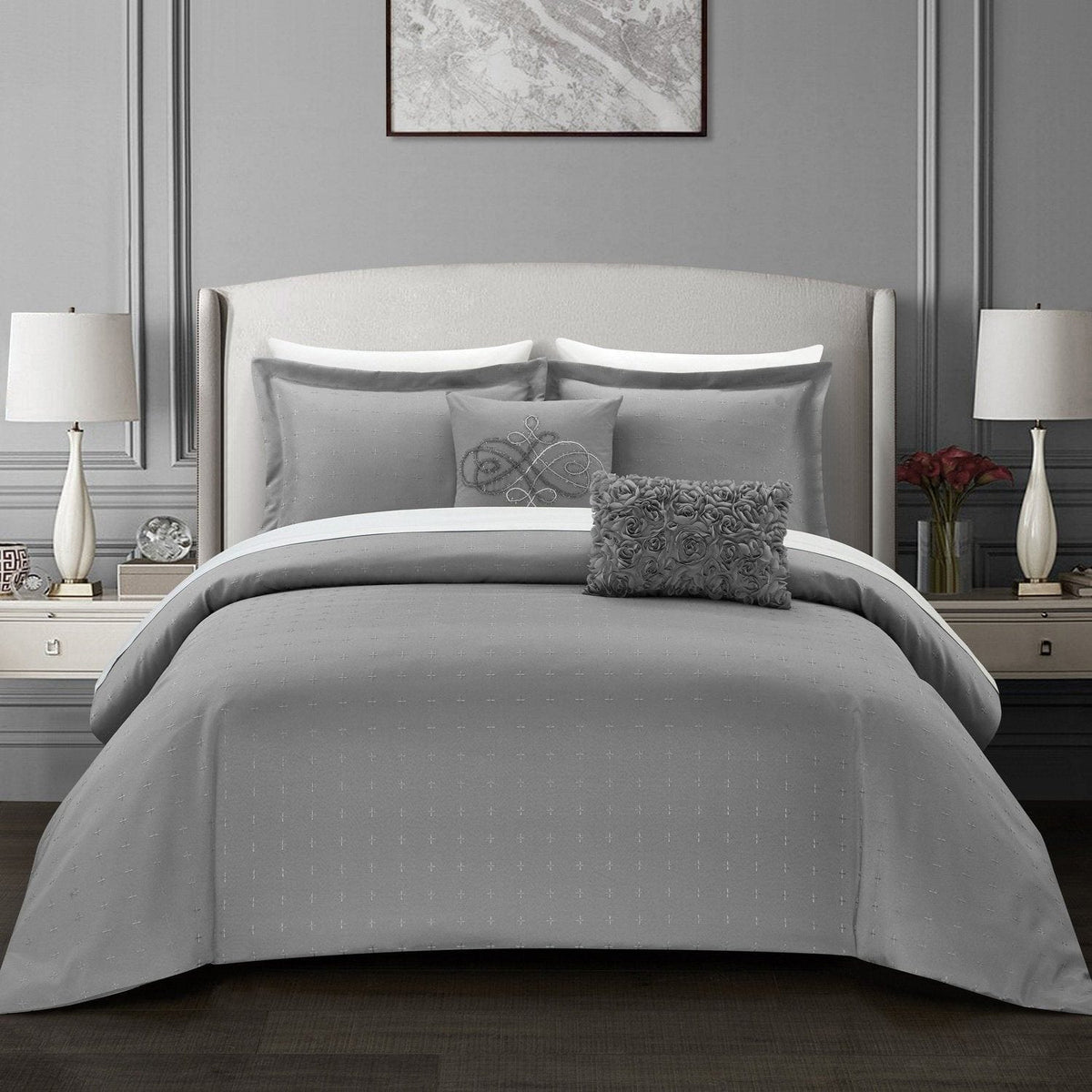 Chic Home Emery 5 Piece Stitched Comforter Set Grey