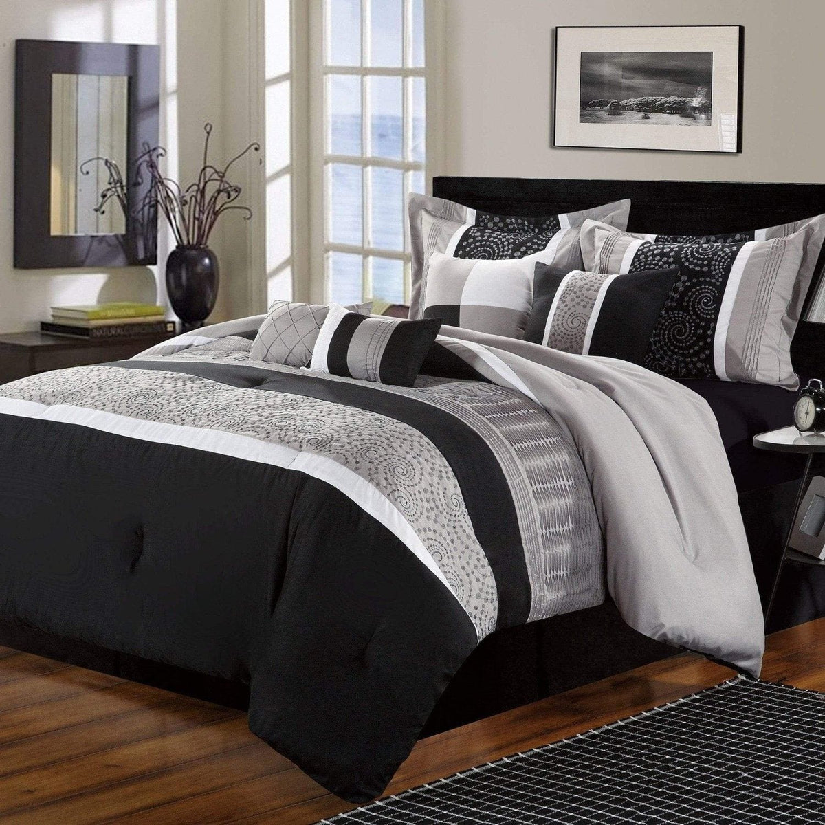 Chic Home Euphoria 8 Piece Striped Comforter Set Black
