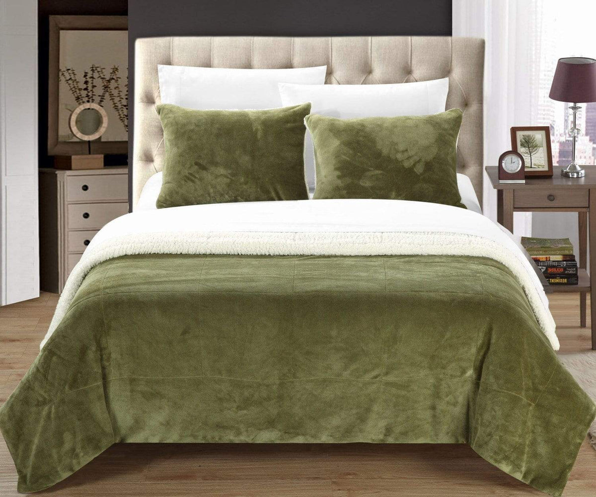 Chic Home Evie 3 Piece Blanket Set Ultra Plush Micro Mink Patchwork Stitched Bedding Green
