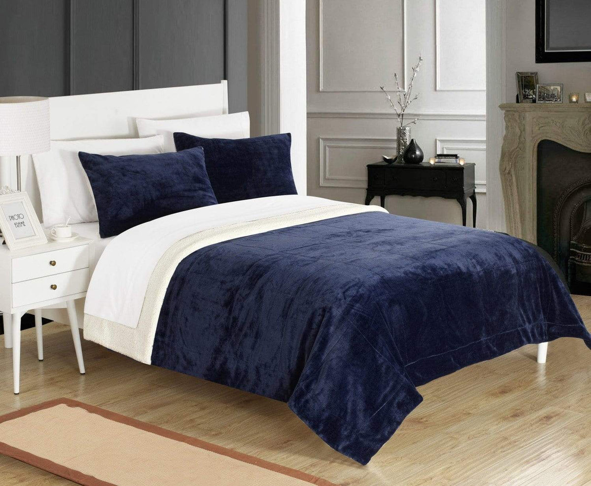 Chic Home Evie 7 Piece Blanket Set Ultra Plush Micro Mink Patchwork Stitched Bed in a Bag Navy