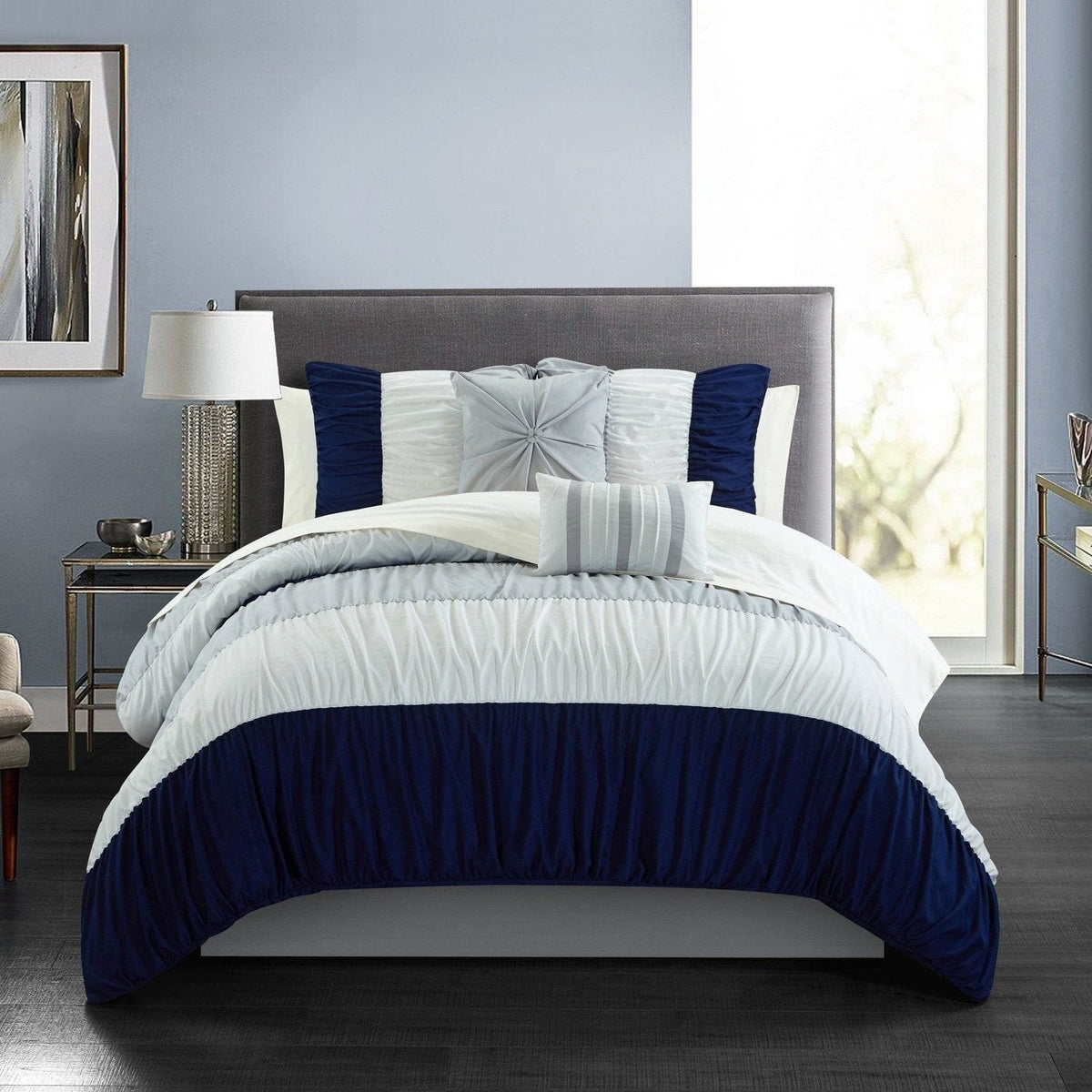 Chic Home Fay 9 Piece Color Block Comforter Set Navy