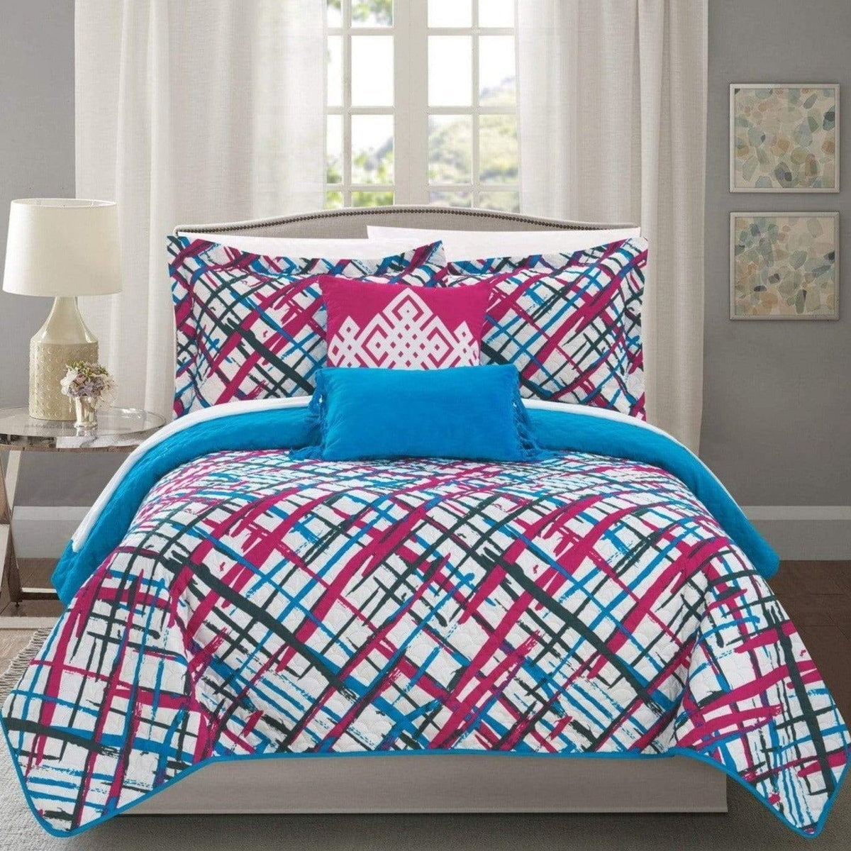 Chic Home Gingham 5 Piece Reversible Quilt Set Fuchsia