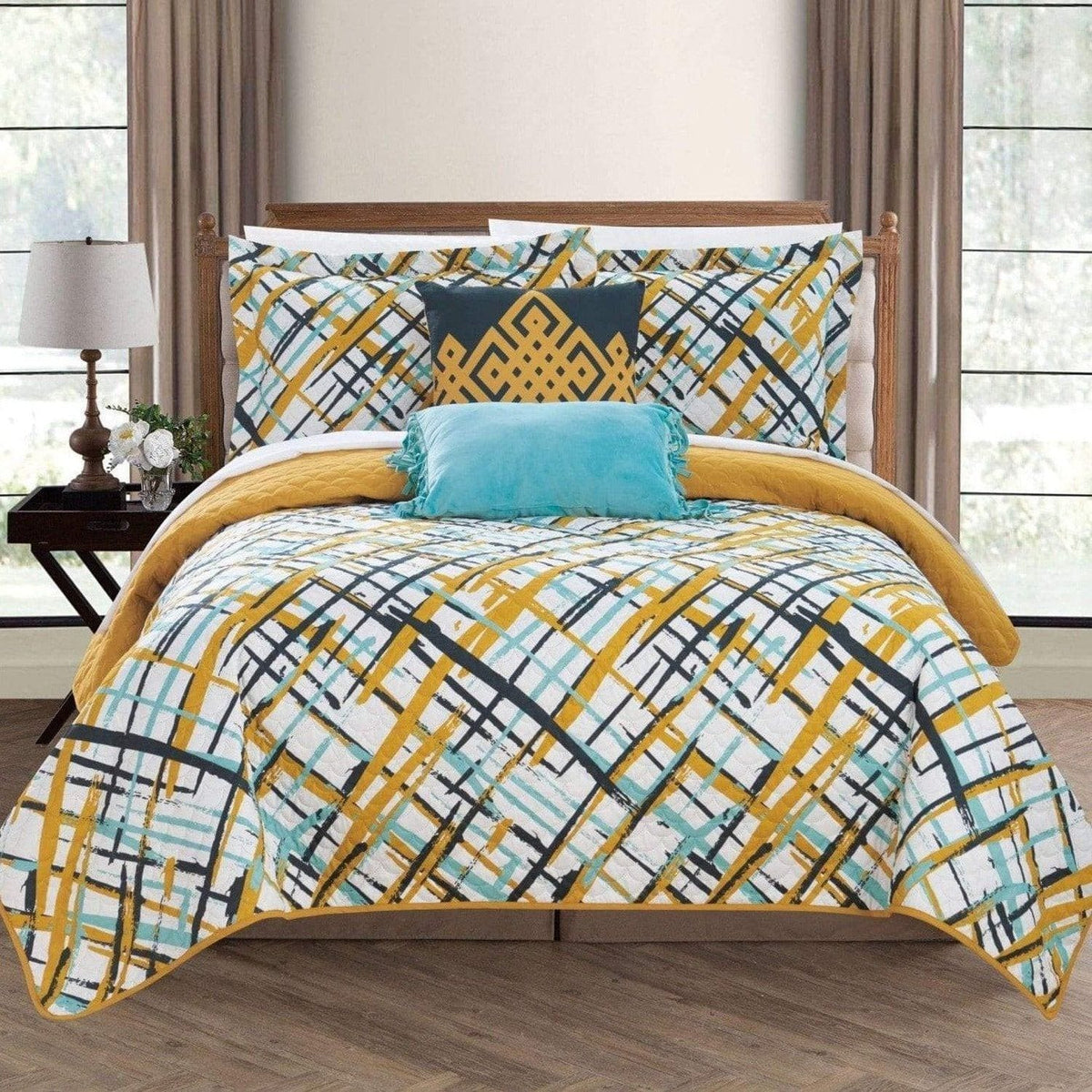 Chic Home Gingham 5 Piece Reversible Quilt Set Gold