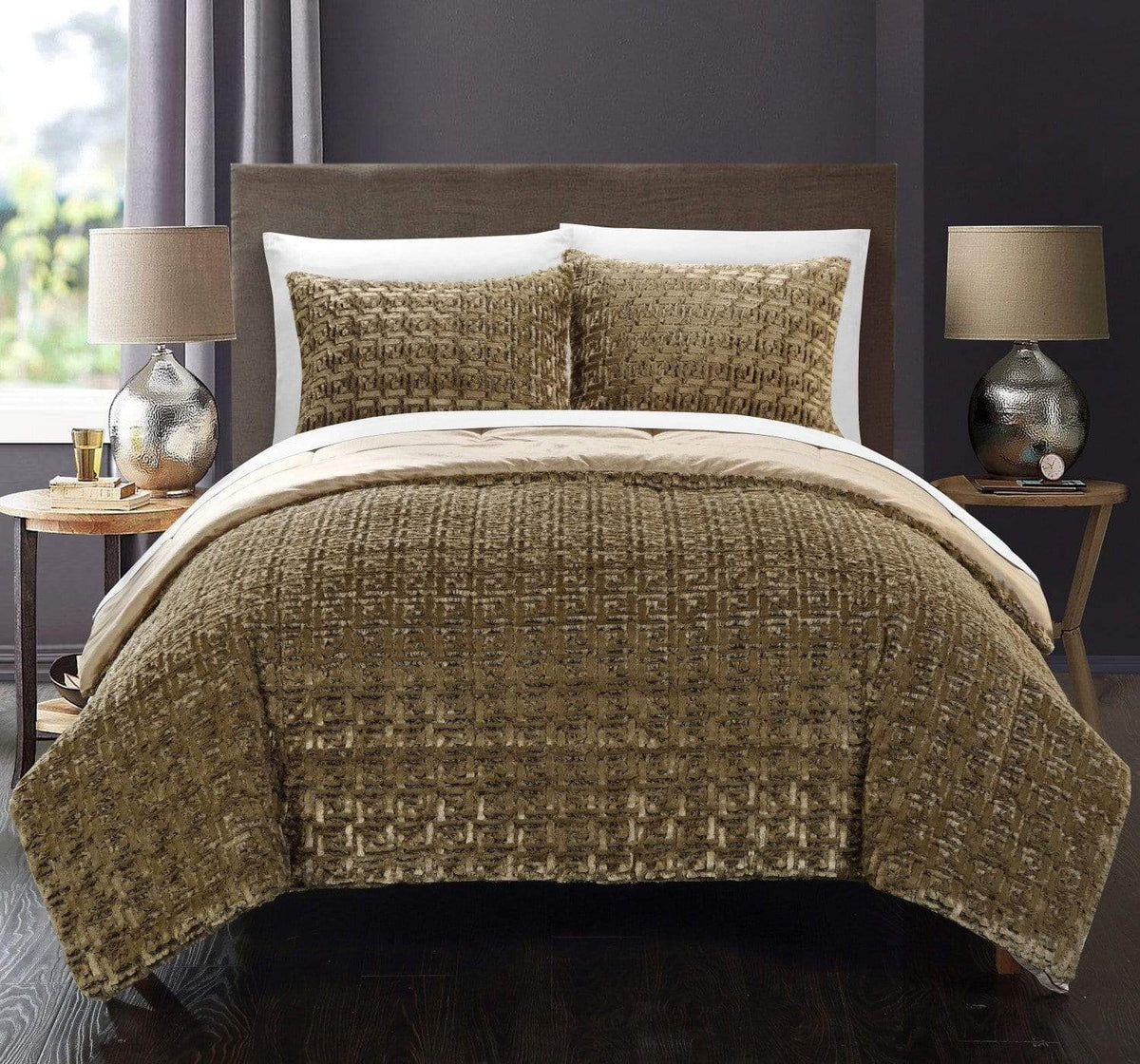 Chic Home Greece 3 Piece Faux Fur Comforter Set Gold