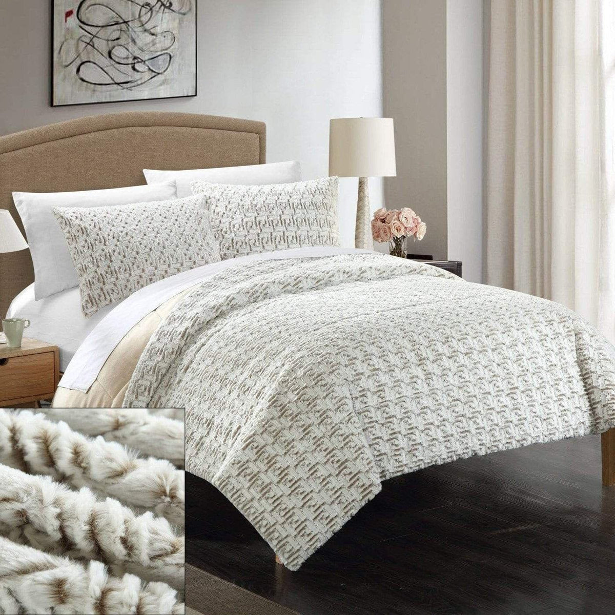 Chic Home Greece 7 Piece Faux Fur Comforter Set Beige