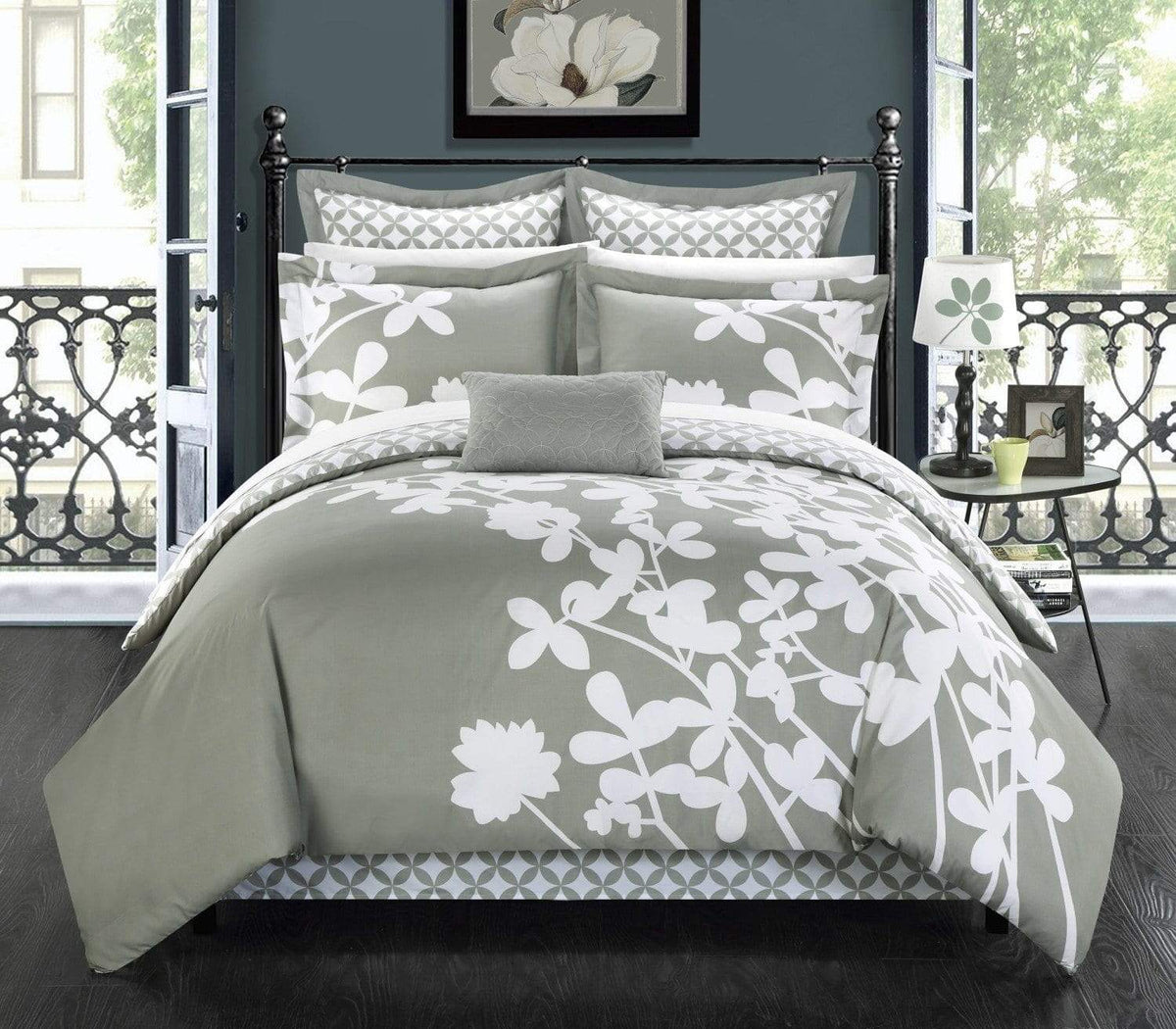 Chic Home Iris 7 Piece Floral Comforter Set Grey