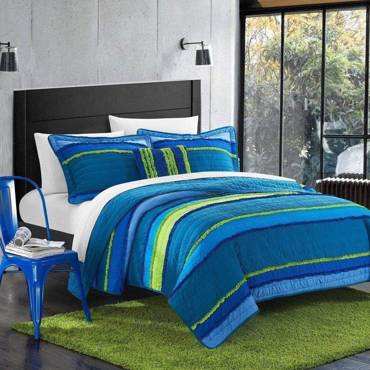 Chic Home Italica 4 Piece Pleated Quilt Set Blue