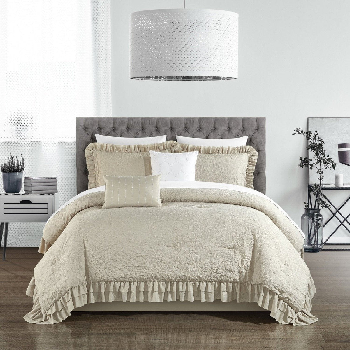 Chic Home 5 Piece Kensley Comforter Set Washed Crinkle Ruffled Flange Border Design Bedding - Beige Twin