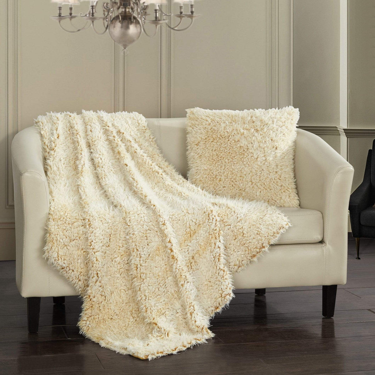Chic Home Lambs Hill Faux Fur Throw Blanket And Pillow Gold