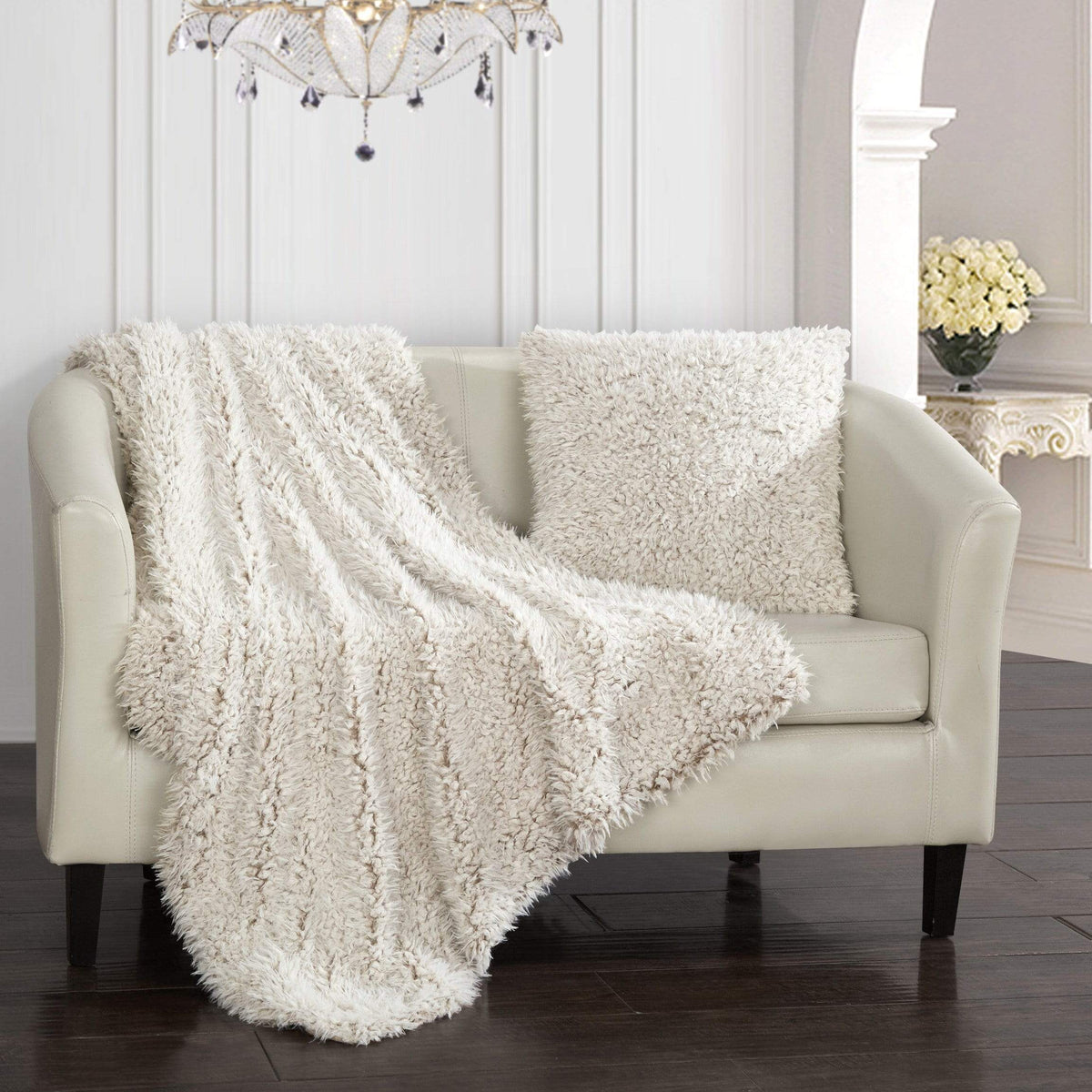 Chic Home Lambs Hill Faux Fur Throw Blanket And Pillow Taupe