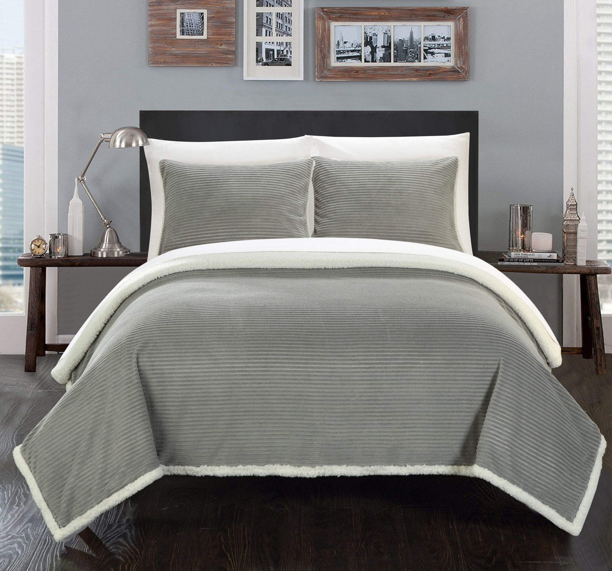 Chic Home Lancy Blanket 3 Piece Set Ultra Plush Micro Mink Sherpa Lined Textured Bedding Grey