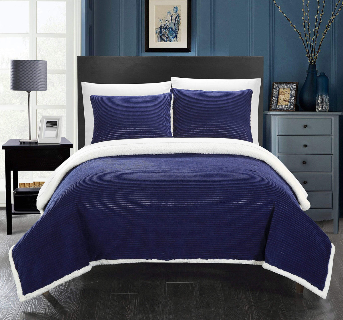Chic Home Lancy Blanket 3 Piece Set Ultra Plush Micro Mink Sherpa Lined Textured Bedding Navy