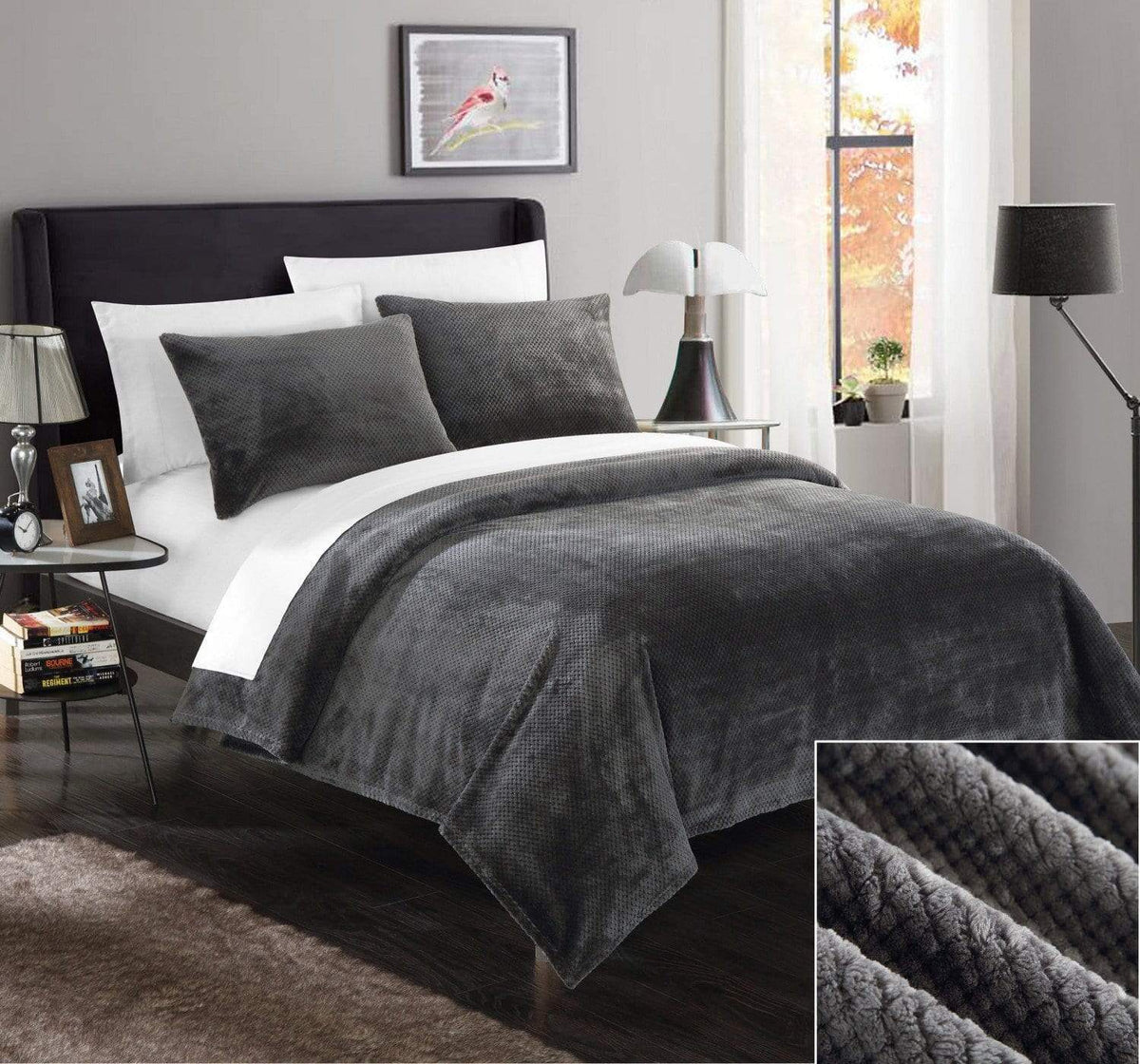 Chic Home Luxembourg 3 Piece Blanket Set Ultra Plush Micro Mink Waffle Textured Bedding Grey