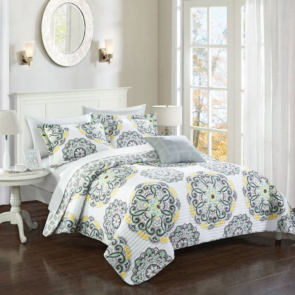 Chic Home Madrid 8 Piece Boho Medallion Quilt Set Grey