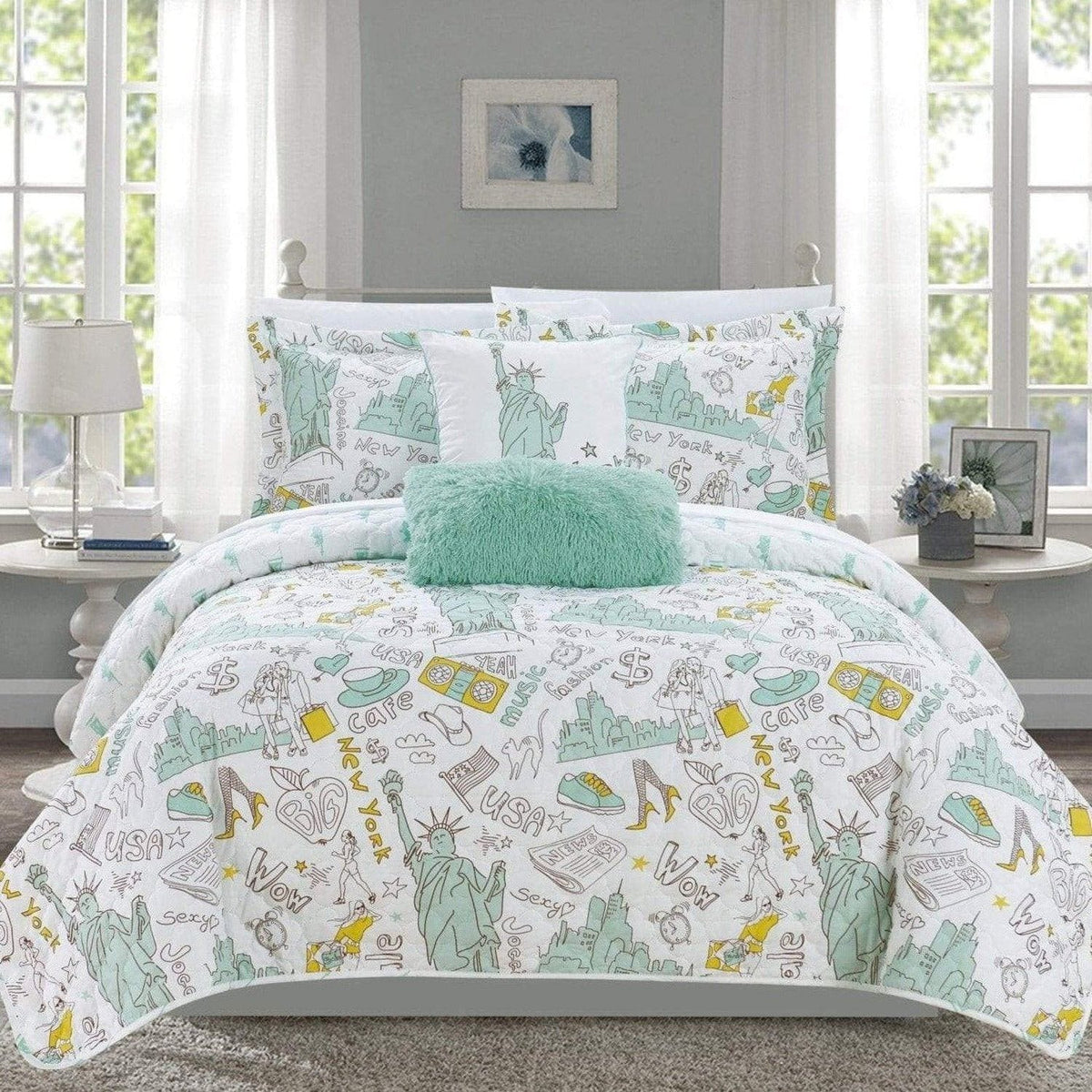 Chic Home New York 5 Piece Reversible Quilt Set Green