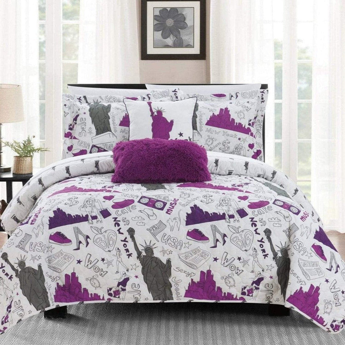 Chic Home New York 5 Piece Reversible Quilt Set Purple