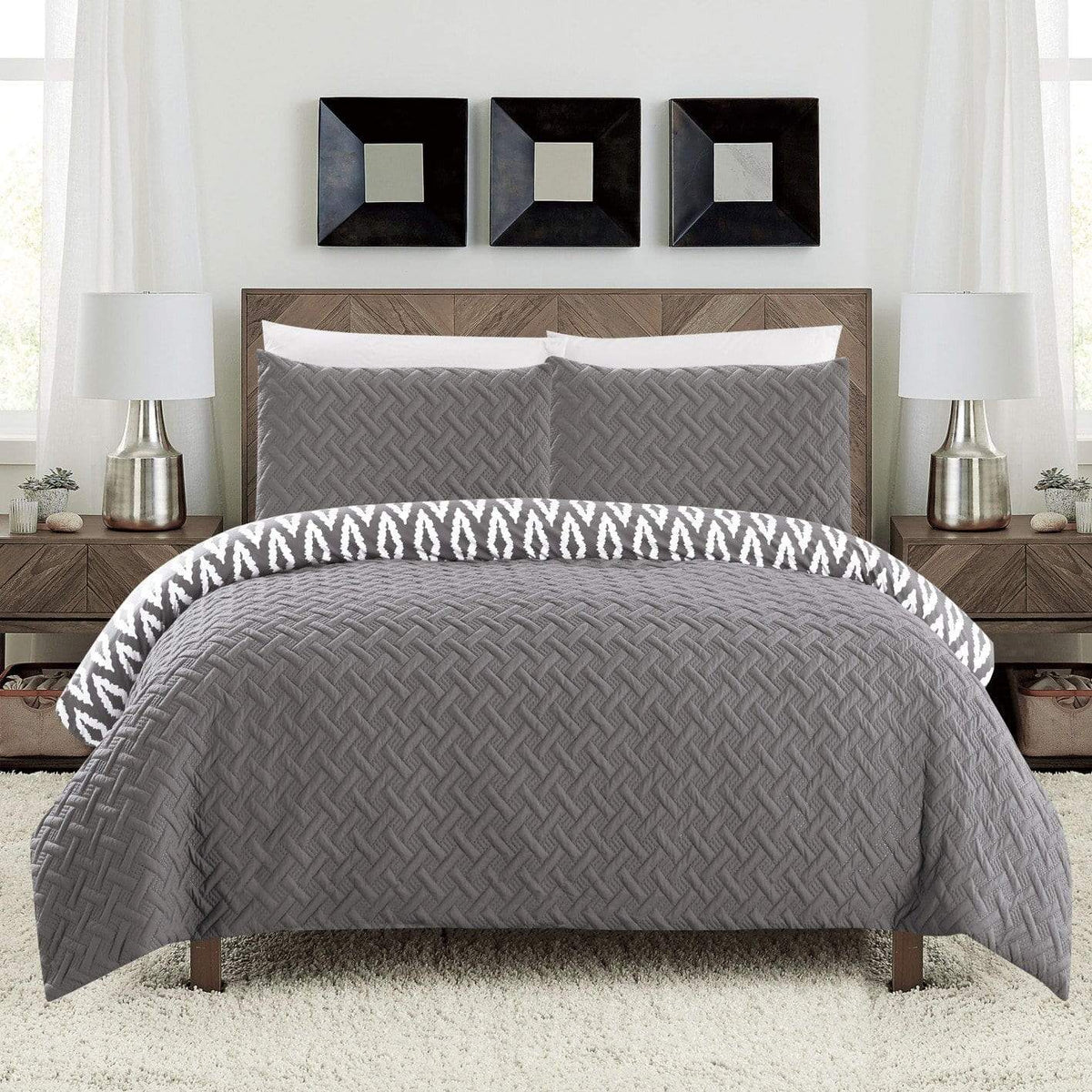 Chic Home Ora 3 Piece Reversible Comforter Set Grey