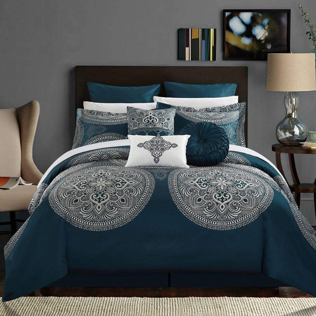 Chic Home Orchard Place 9 Piece Jacquard Comforter Set Blue