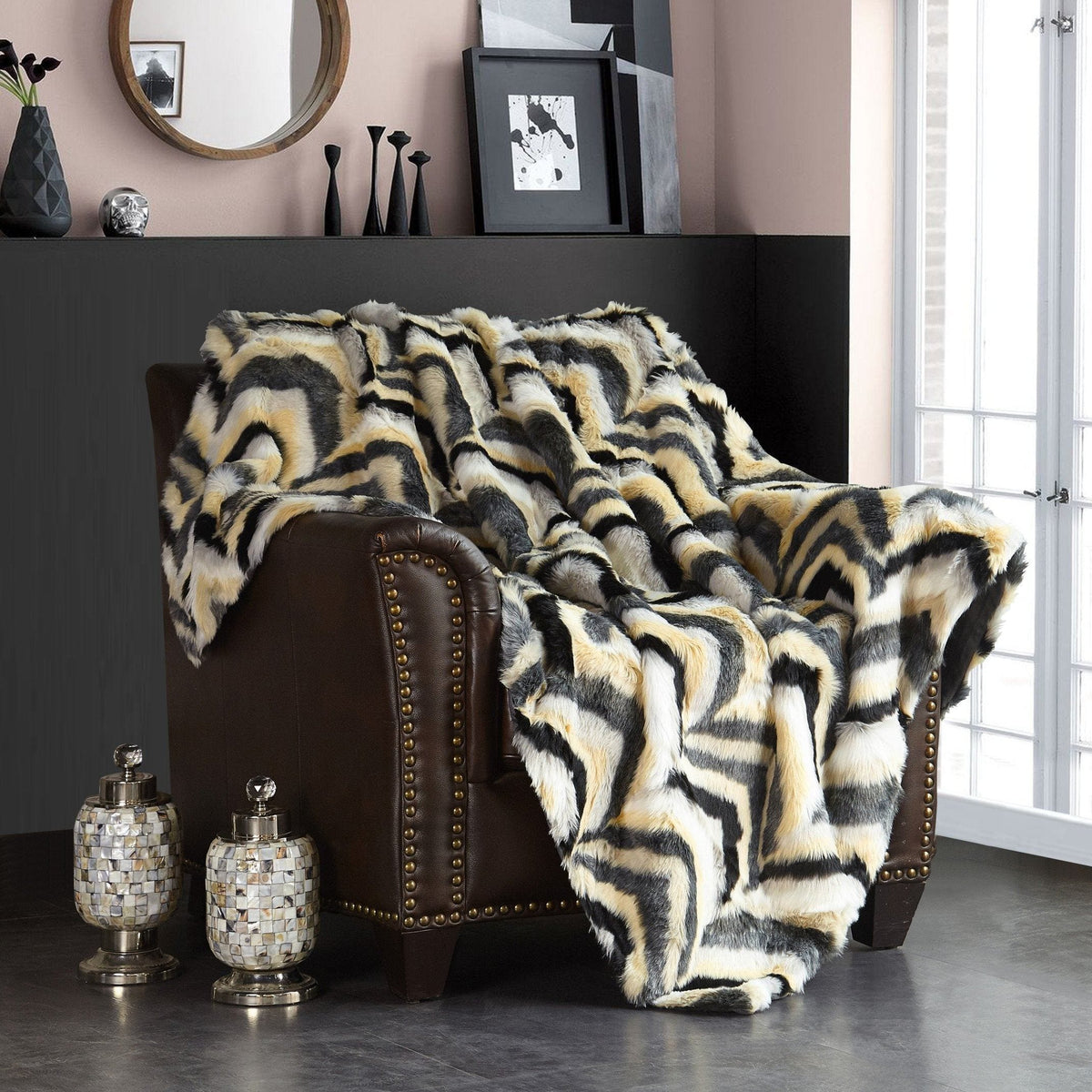 Chic Home Orna Throw Blanket Striped Chevron Shaggy Faux Fur Design 