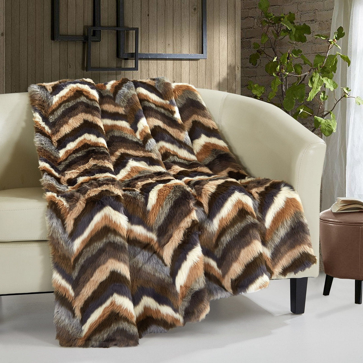 Chic Home Orna Throw Blanket Striped Chevron Shaggy Faux Fur Design Brown