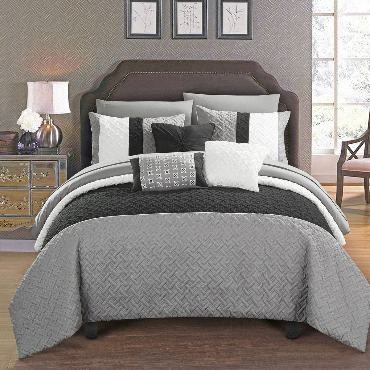 Chic Home Osnat 10 Piece Color Block Comforter Set Grey