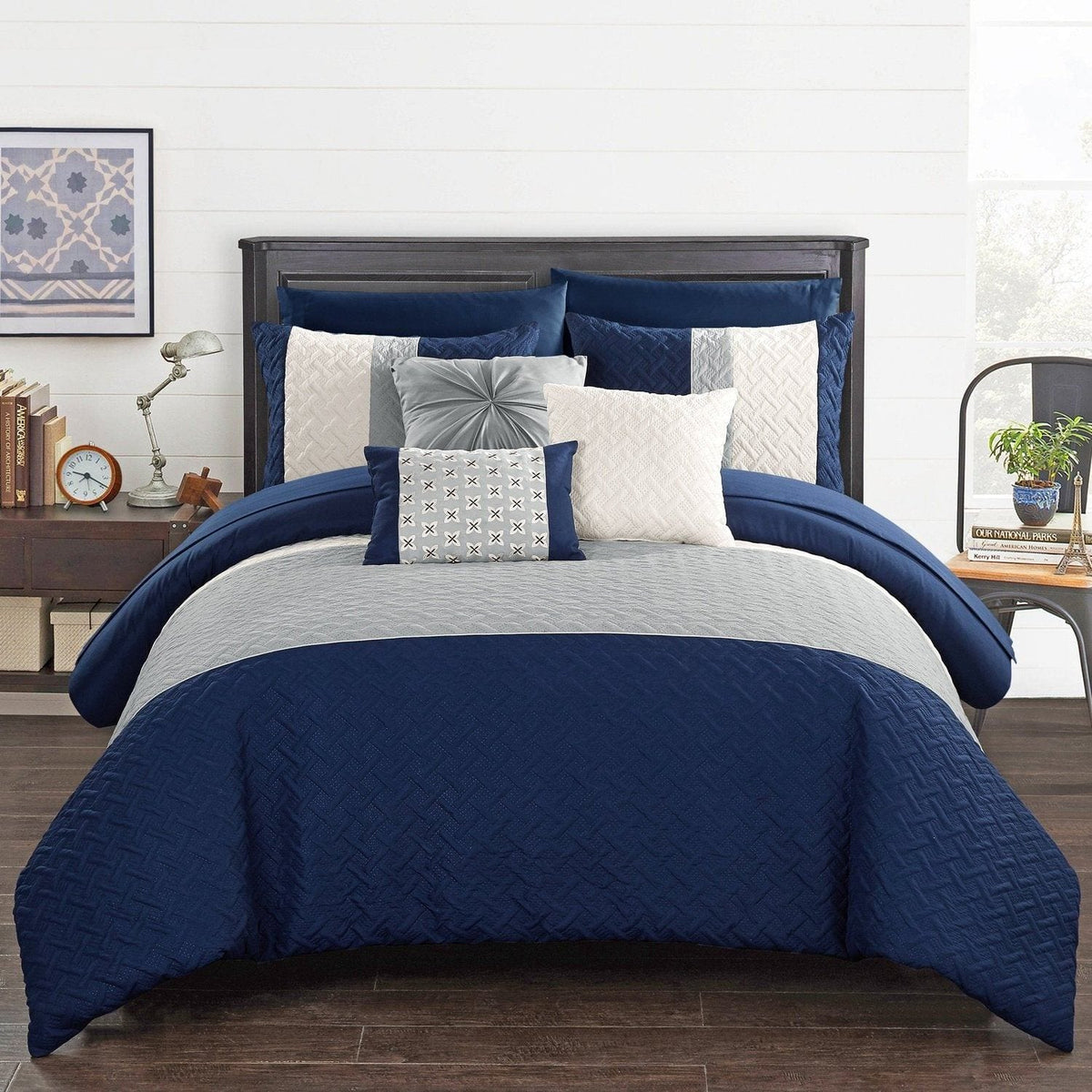 Chic Home Osnat 10 Piece Color Block Comforter Set Navy