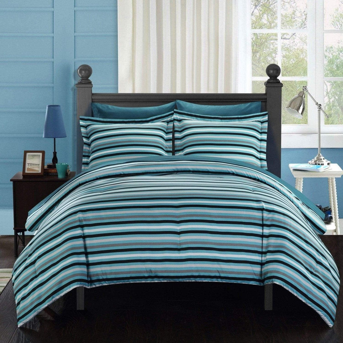 Chic Home Peyton 7 Piece Striped Comforter Set Blue