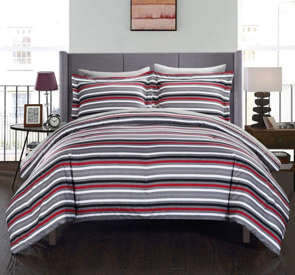Chic Home Peyton 7 Piece Striped Comforter Set Grey