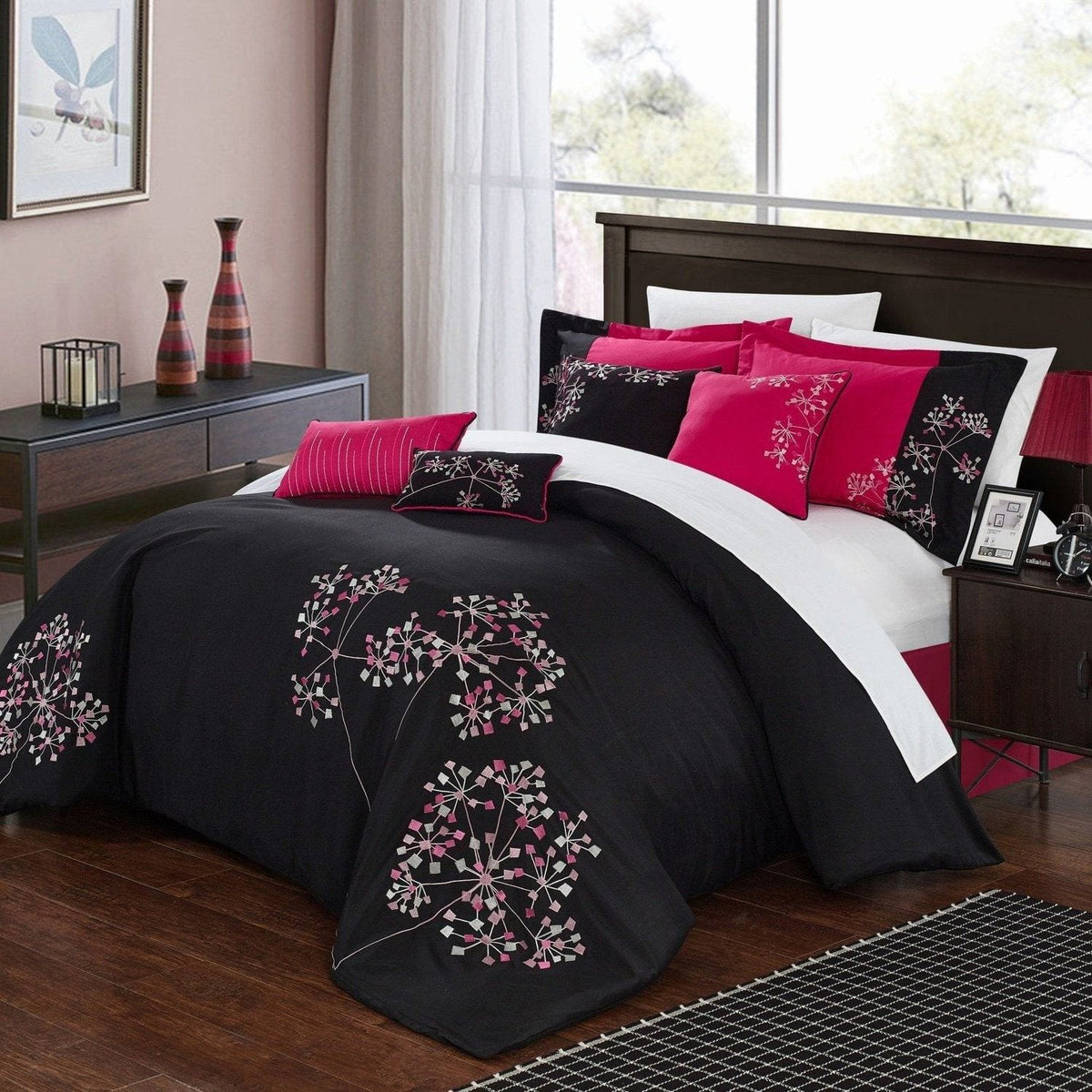Chic Home Pink Floral 12 Piece Floral Comforter Set Fuchsia
