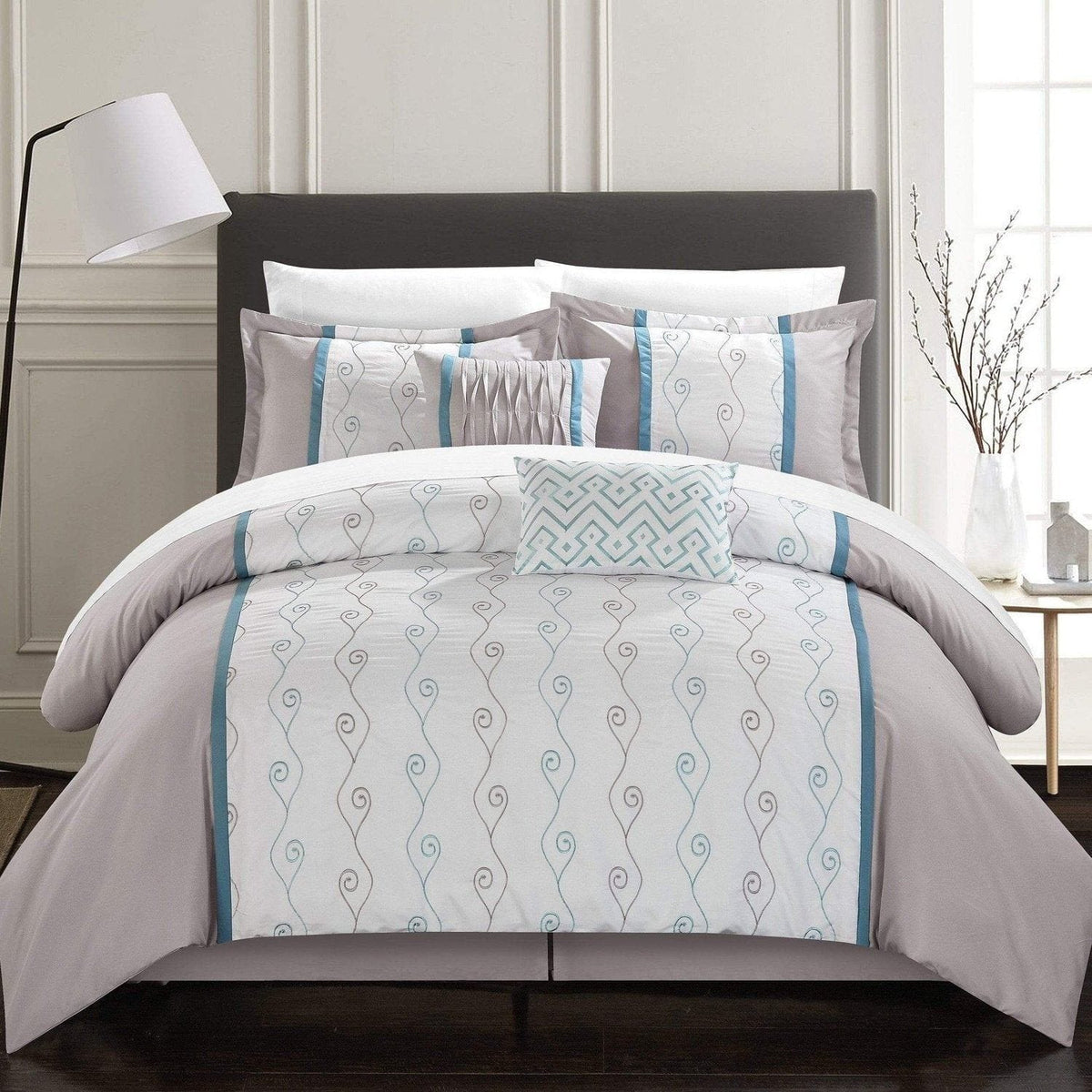 Chic Home Priston 6 Piece Embroidered Comforter Set Grey