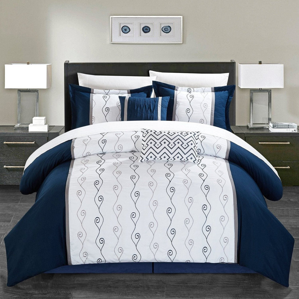 Chic Home Priston 6 Piece Embroidered Comforter Set Navy