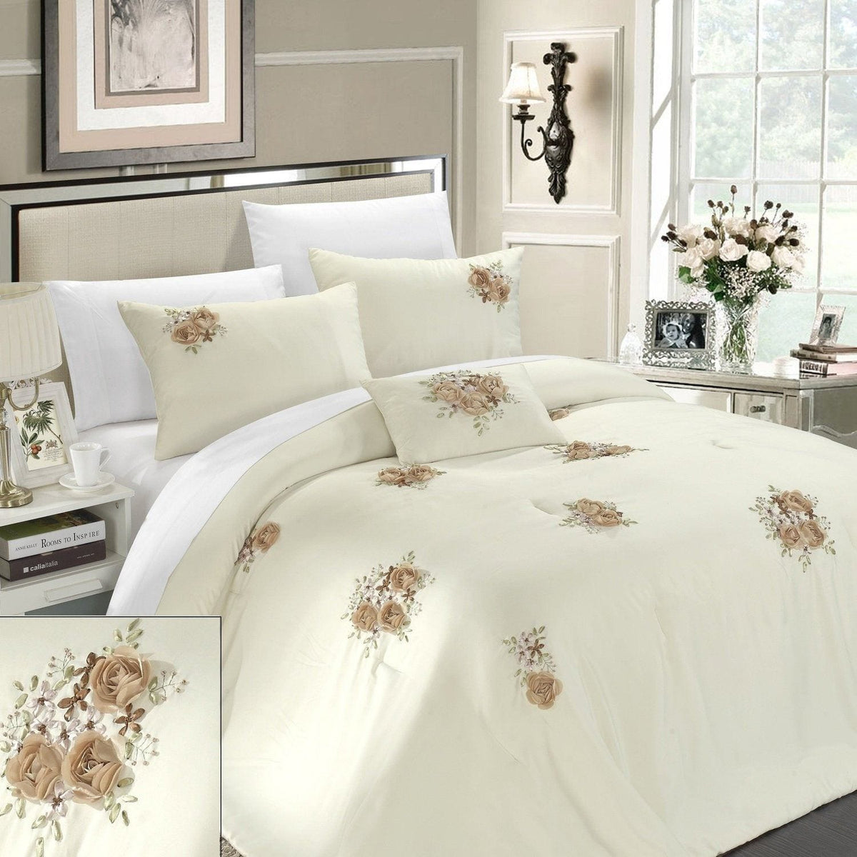 Chic Home Rosetta 5 Piece Floral Comforter Set Beige