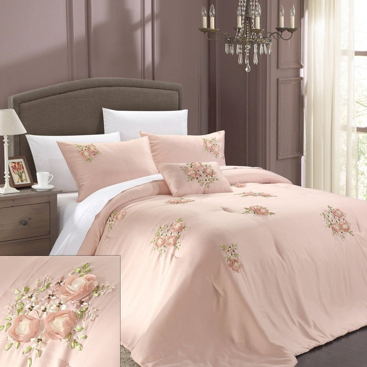 Chic Home Rosetta 5 Piece Floral Comforter Set Pink