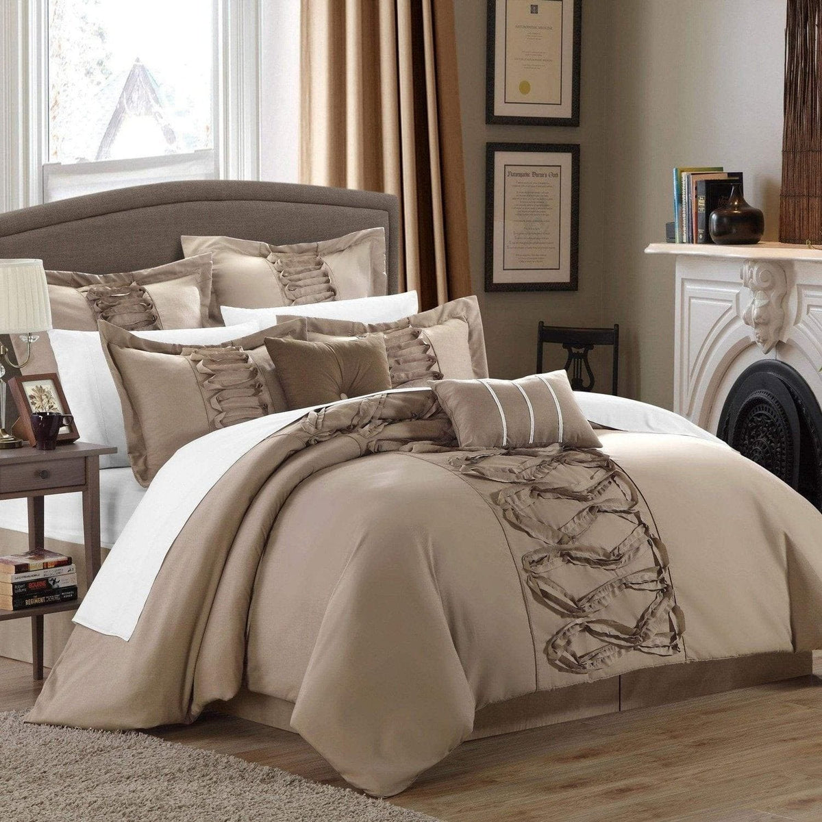 Chic Home Ruth 8 Piece Ruffled Comforter Set Taupe