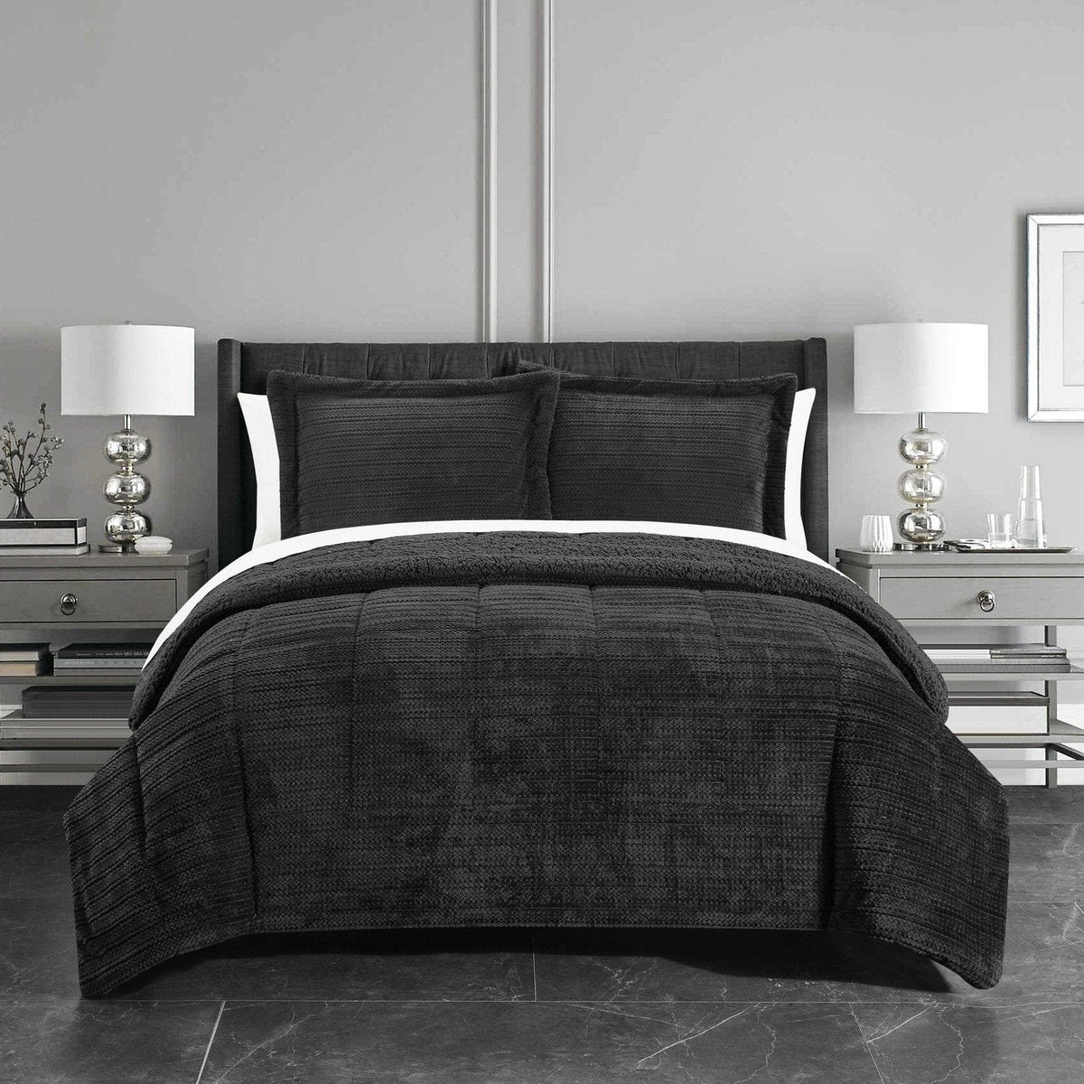 Chic Home Ryland 3 Piece Sherpa Comforter Set Black