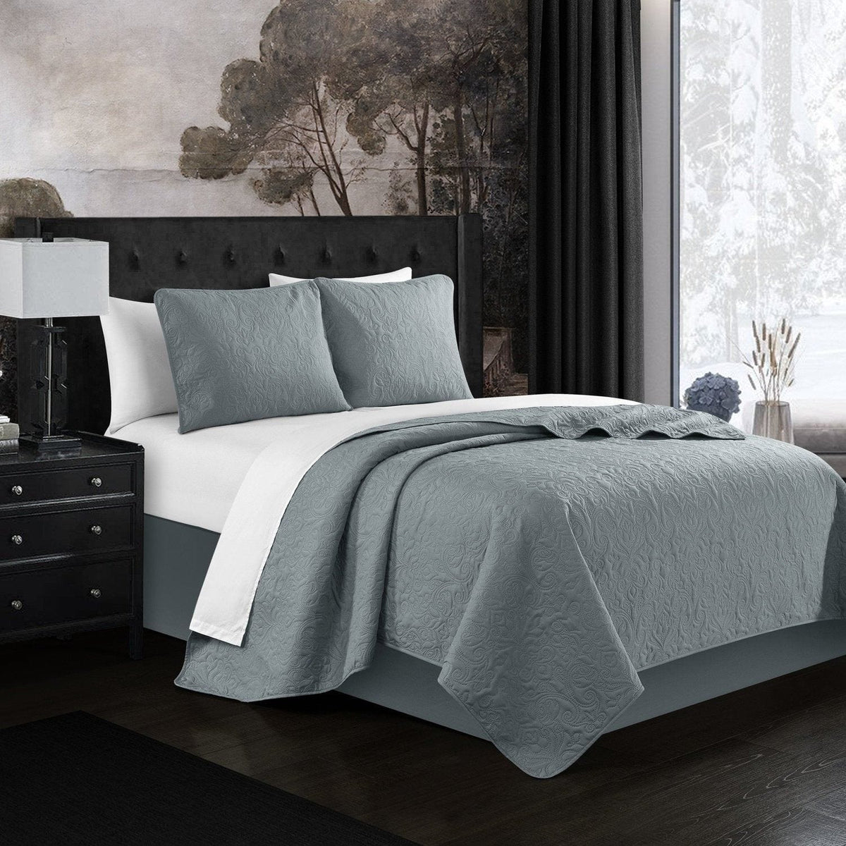 Chic Home Sachi 3 Piece Floral Quilt Set-Grey