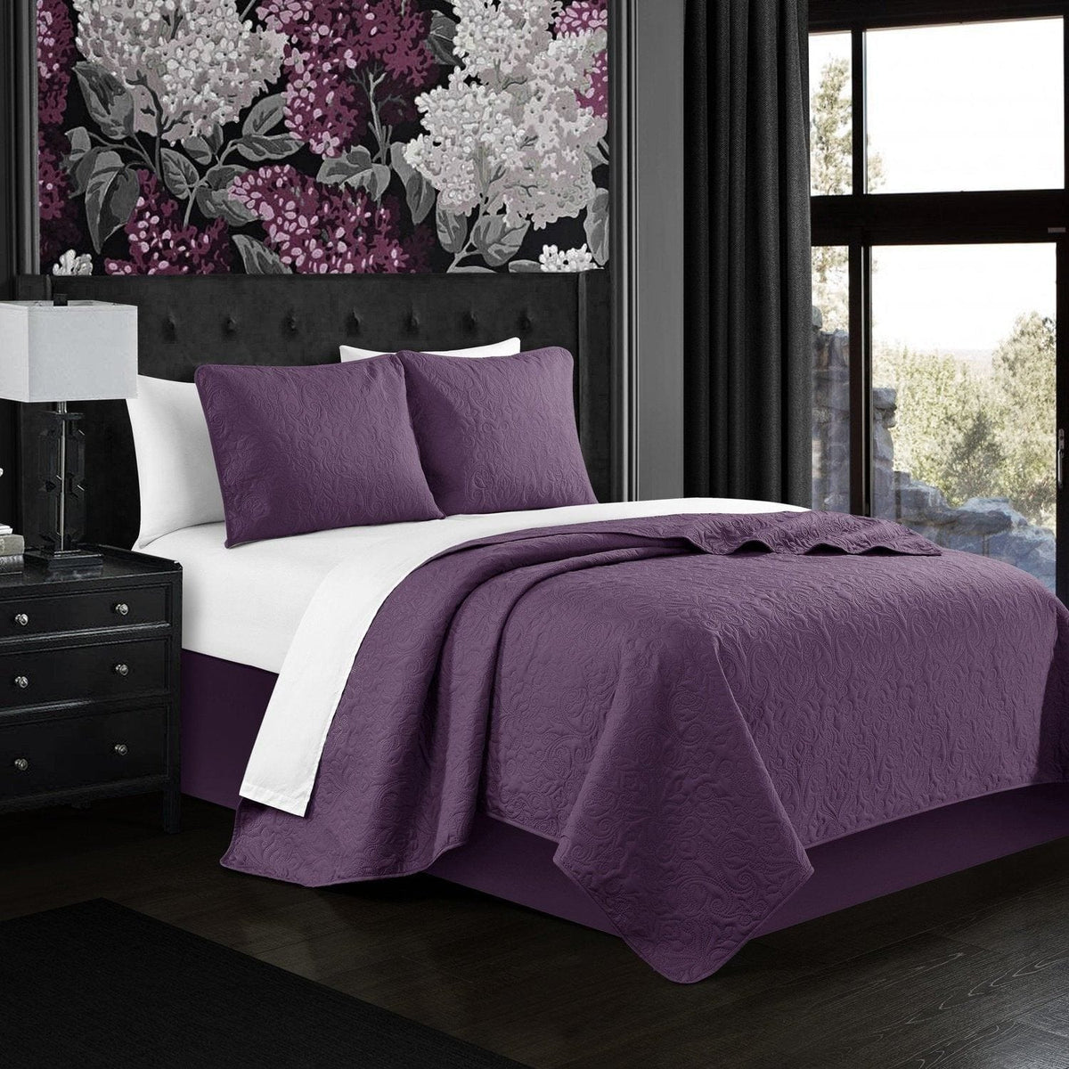 Chic Home Sachi 3 Piece Floral Quilt Set-Purple