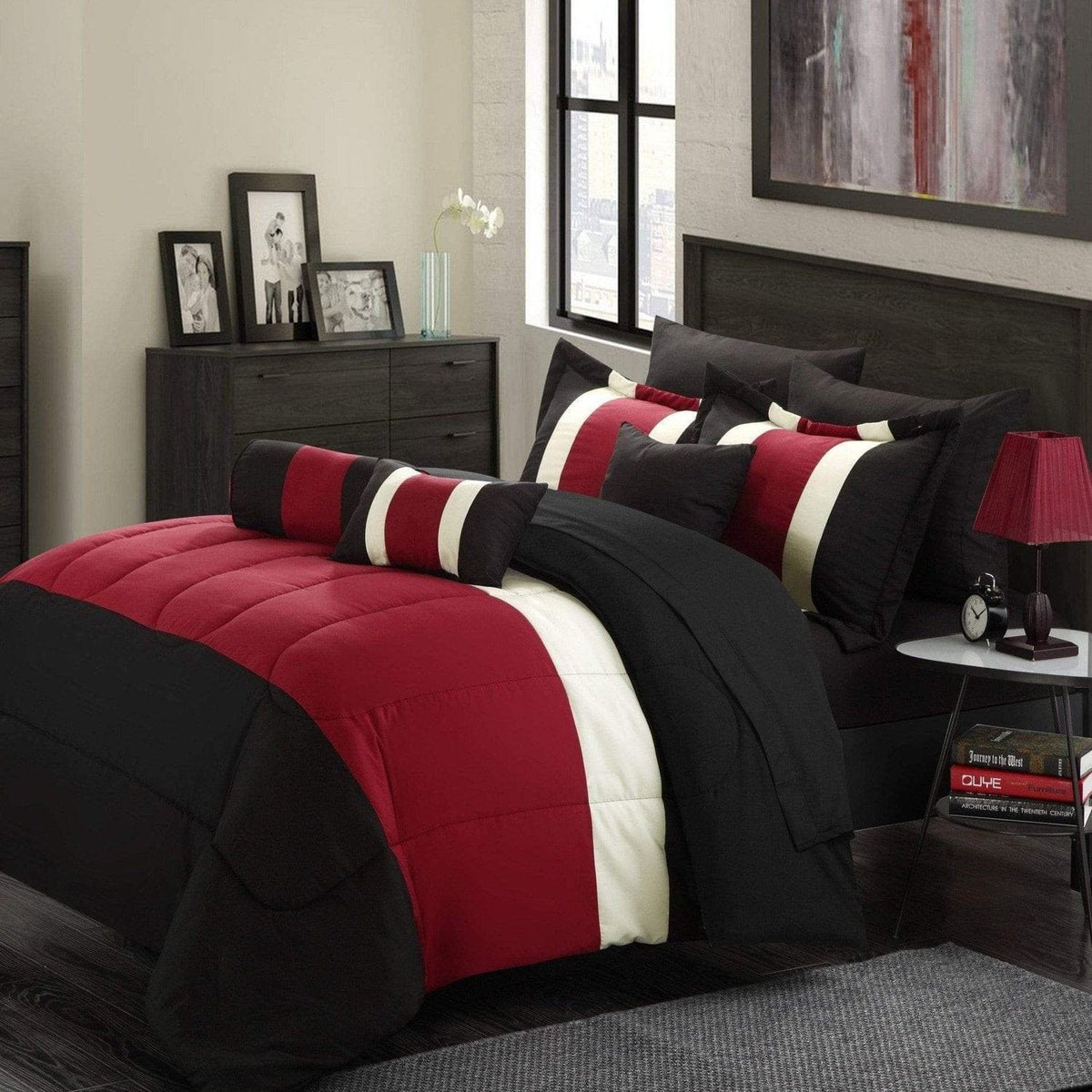 Chic Home Serenity 10 Piece Striped Comforter Set Red