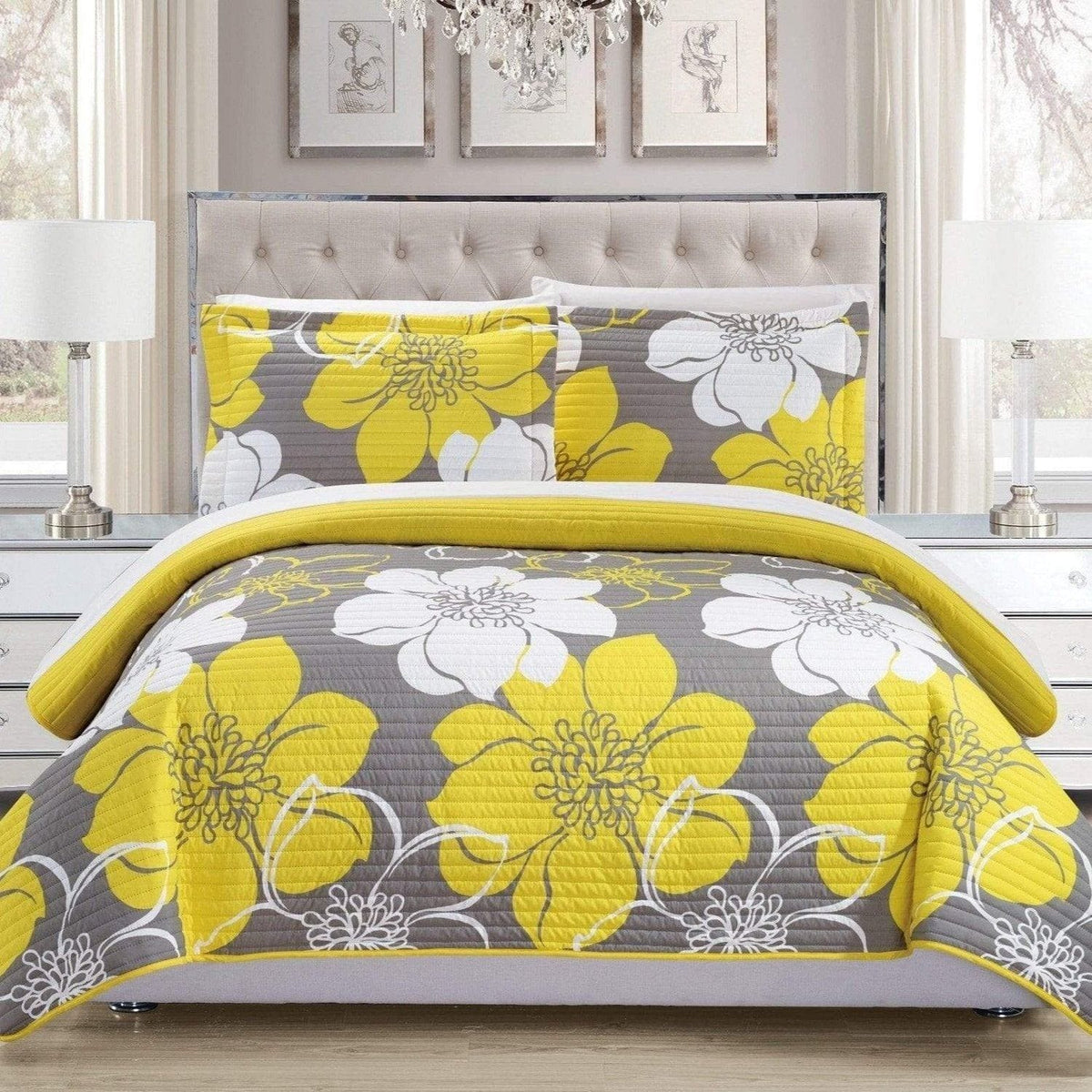 Chic Home Woodside 3 Piece Floral Quilt Set Yellow