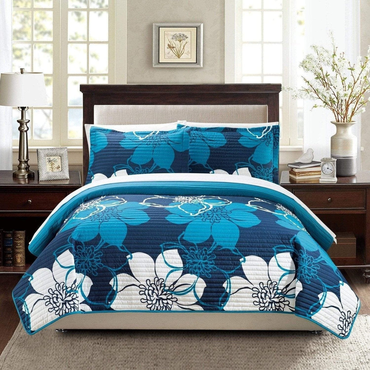 Chic Home Woodside 7 Piece Floral Quilt Set Blue
