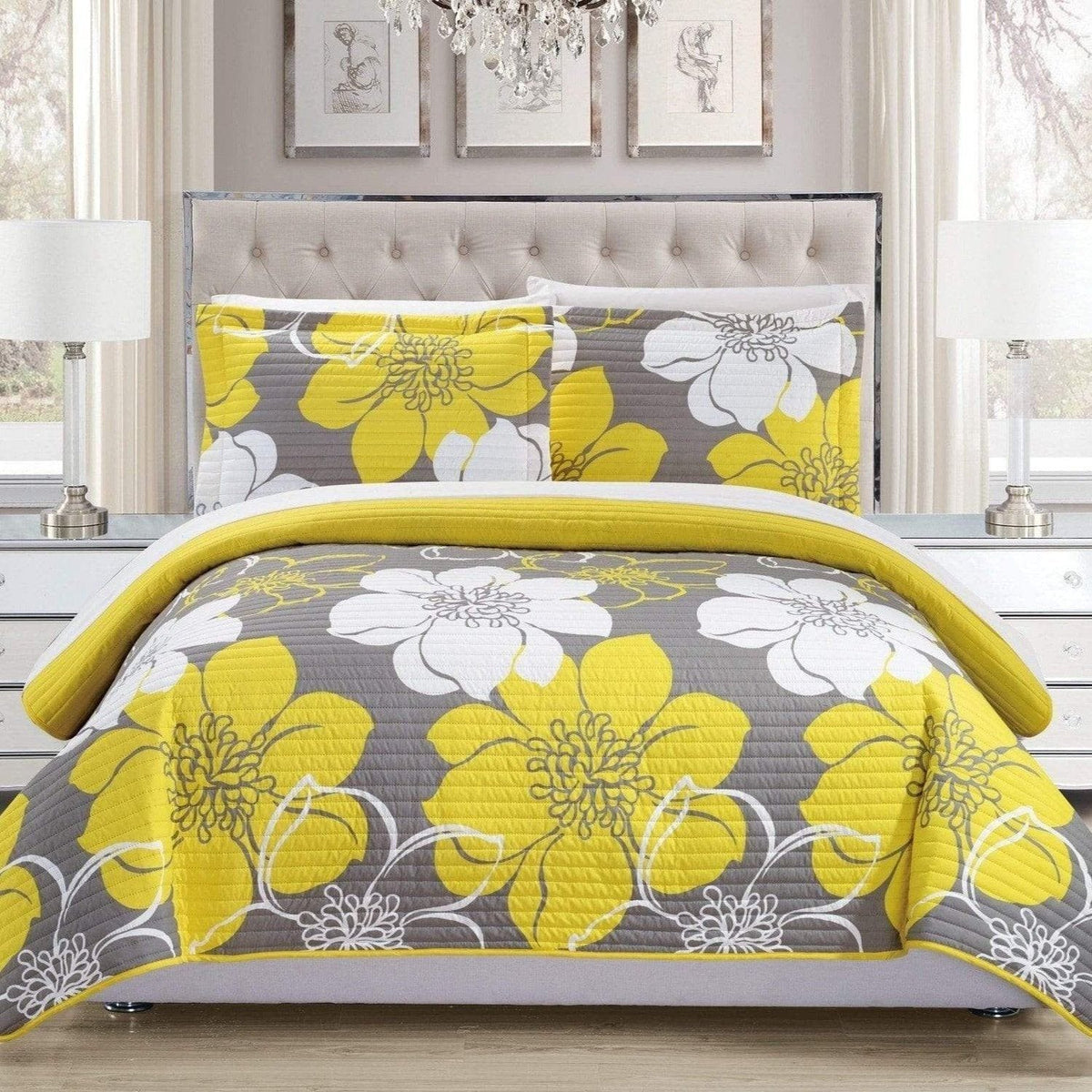 Chic Home Woodside 7 Piece Floral Quilt Set Yellow