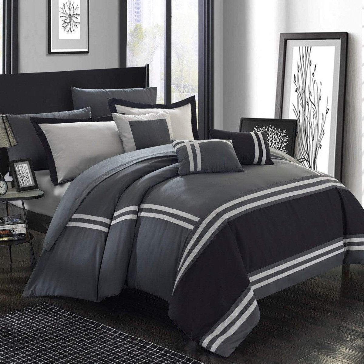 Chic Home Zarah 10 Piece Color Block Comforter Set Grey