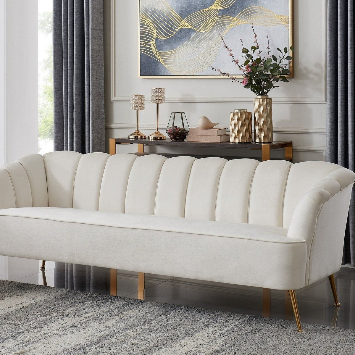 Iconic Home Alicia Tufted Velvet Sofa Beige