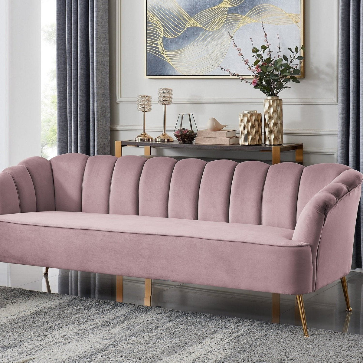 Iconic Home Alicia Tufted Velvet Sofa Blush