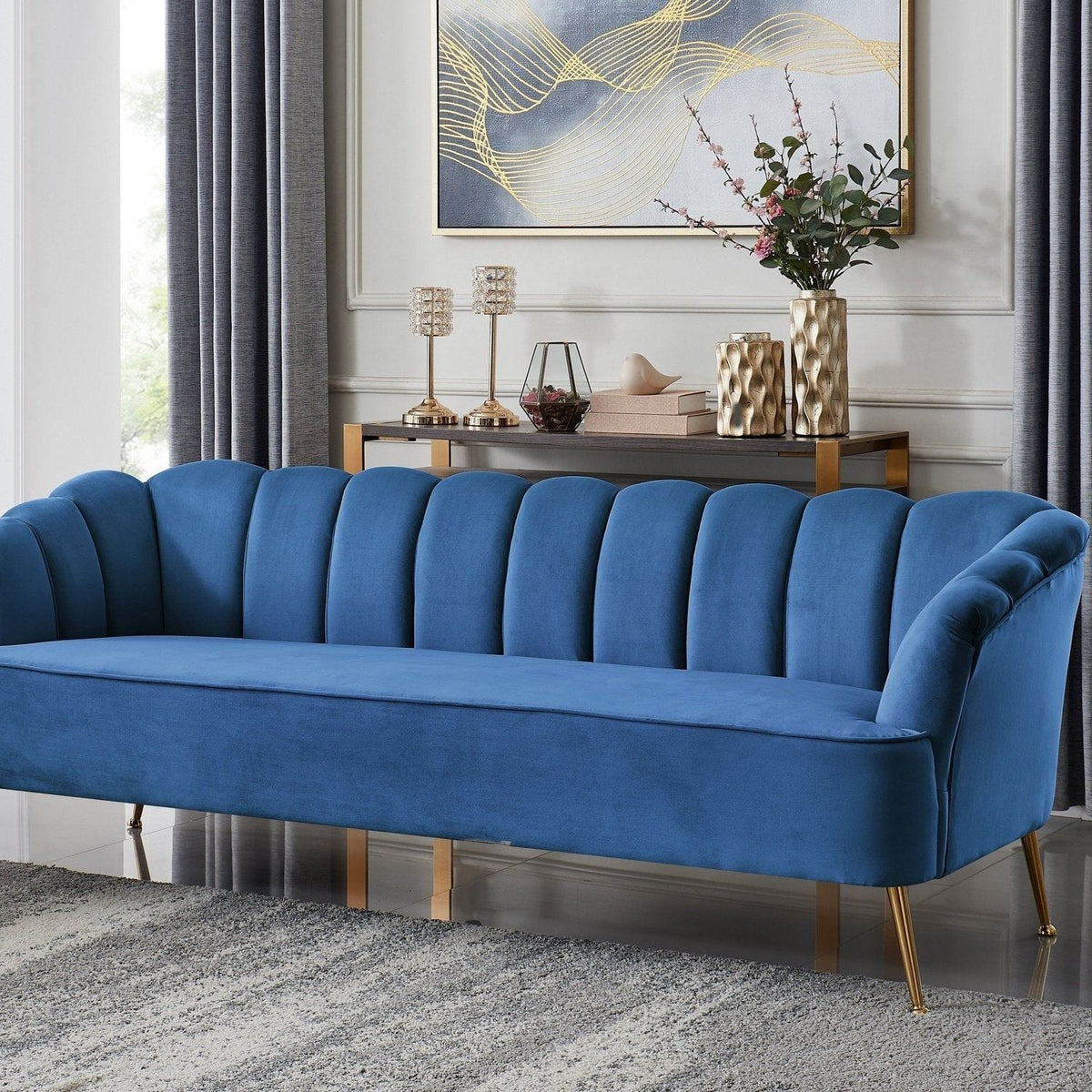 Iconic Home Alicia Tufted Velvet Sofa Navy