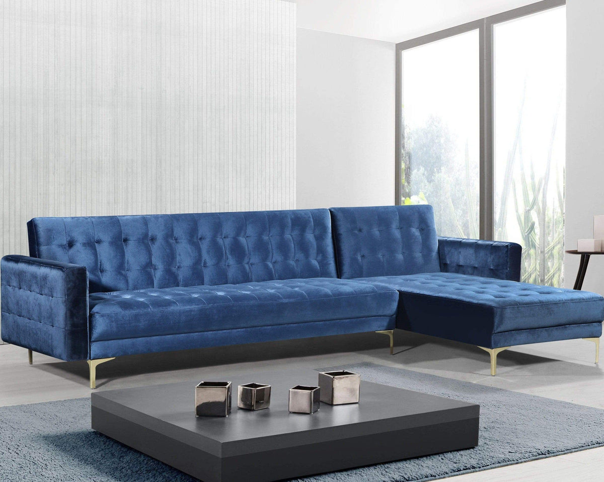 Iconic Home Amandal Right Facing Velvet Sectional Sofa Sleeper Bed Navy