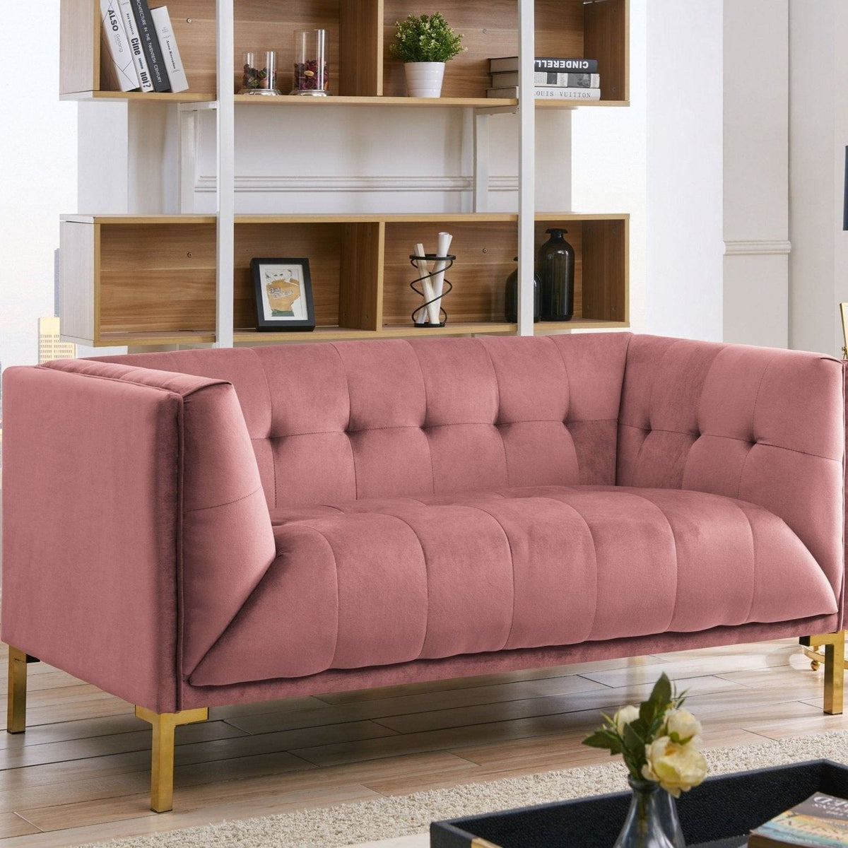 Iconic Home Azalea Tufted Velvet Loveseat Sofa Blush