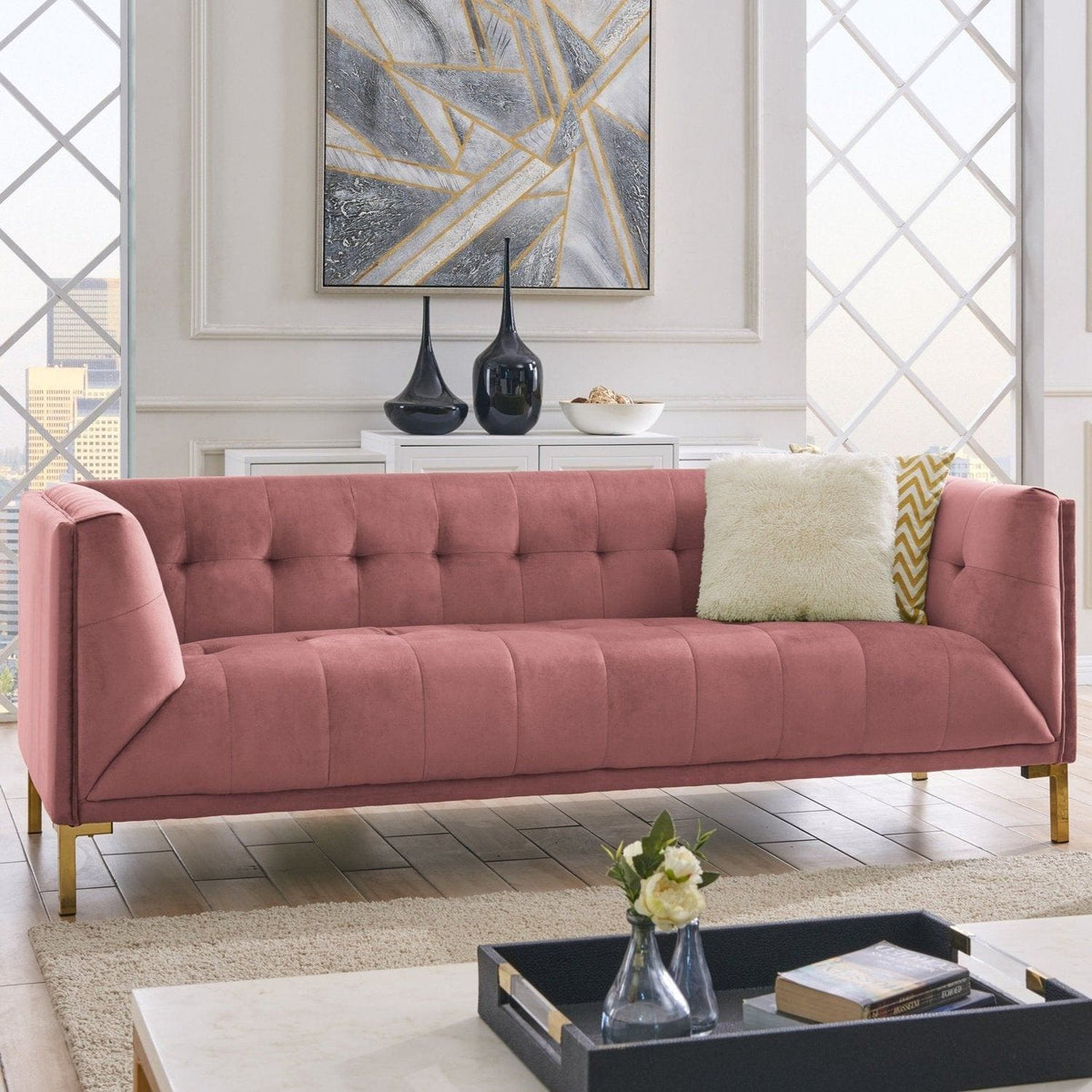 Iconic Home Azalea Tufted Velvet Sofa Blush
