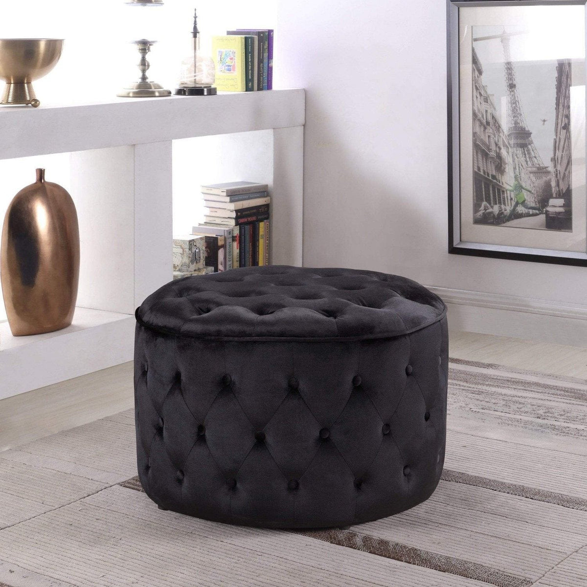 Iconic Home Batya Tufted Velvet Round Ottoman Pouf Black