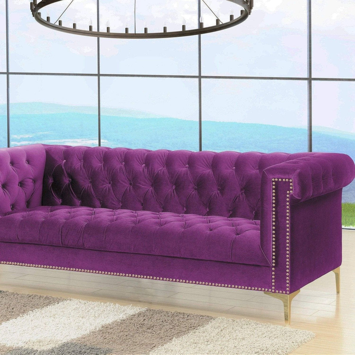 Iconic Home Bea Velvet Button Tufted Sofa Purple
